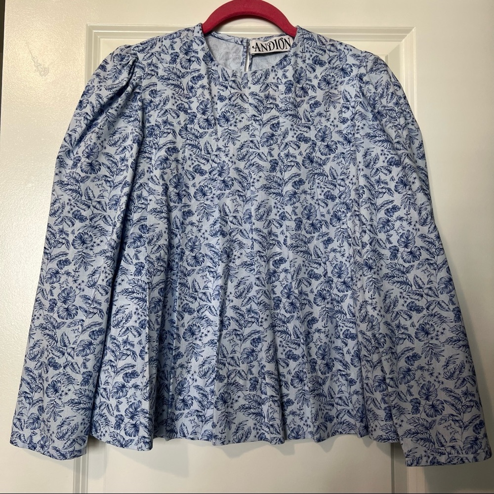 Andion Fiona blue paisley ditsy floral print embroidered collar blouse S - Picture 8 of 10